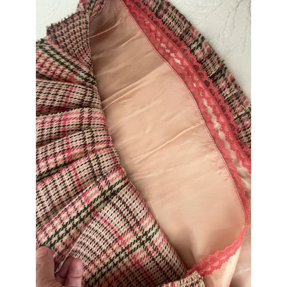 Y2K Abercrombie Fitch Mini Skirt Pink Brown Plaid Pleated Wool Blend & Silk Sz 8